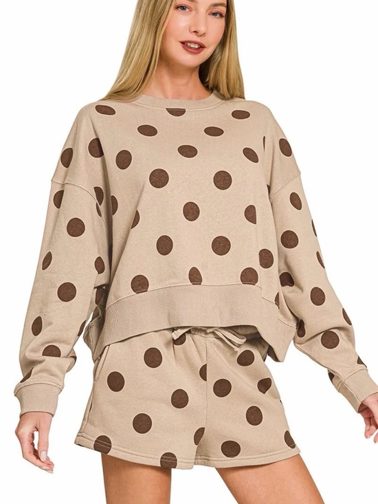 Zenana Outfitters Tops - Zenana Outfitters Beige Sweatshirt & Shorts Set with Brown Polka Dots